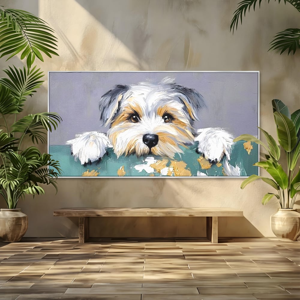 Tablou canvas cu pictura cu catel yorkshire privind curios, in rama de aluminiu argintiu